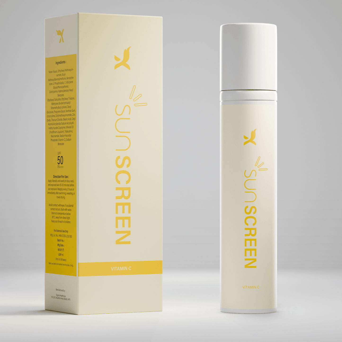 Sunscreen + Moisturizer with SPF 50 and Vitamin C, offering hydration and UV protection in a sleek bottle.
