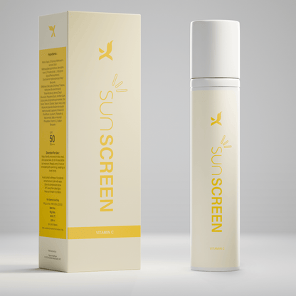 Sunscreen + Moisturizer with SPF 50 and Vitamin C, offering hydration and UV protection in a sleek bottle.