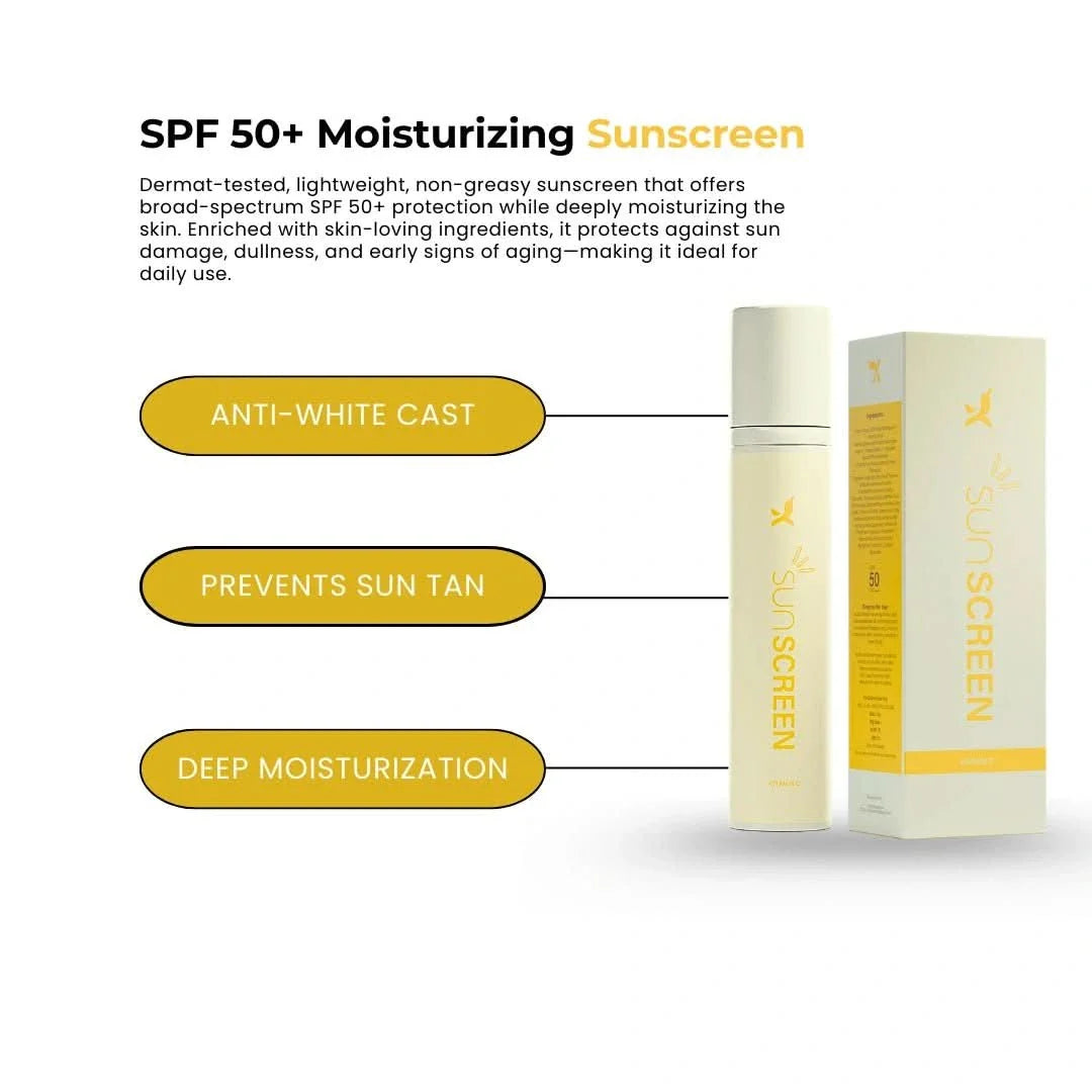 Lightweight SPF 50+ moisturizing sunscreen, anti-white cast, prevents sun tan, and provides deep hydration.
