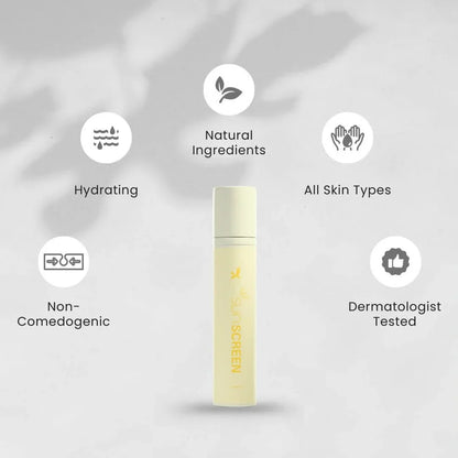 Sunscreen moisturizer with SPF 50, hydrating, natural ingredients, non-comedogenic, suitable for all skin types.
