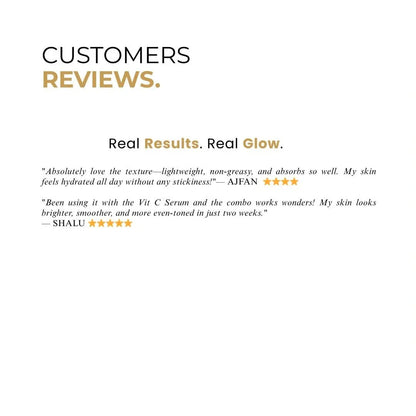 Customer reviews showcasing positive feedback on Vitamin C Moisturizer results and hydration benefits.